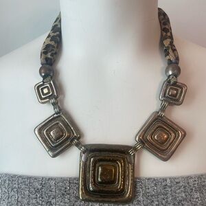 Geometric Gold Pendant Necklace w/ Cheetah Print Fabric Cord